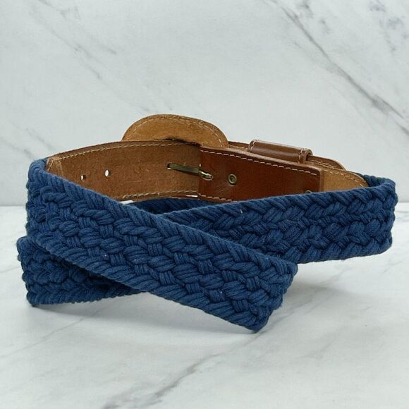 Vintage Blue Braided Woven Belt Brown Leather Trim Small (S) ✨ - Picture 7 of 10